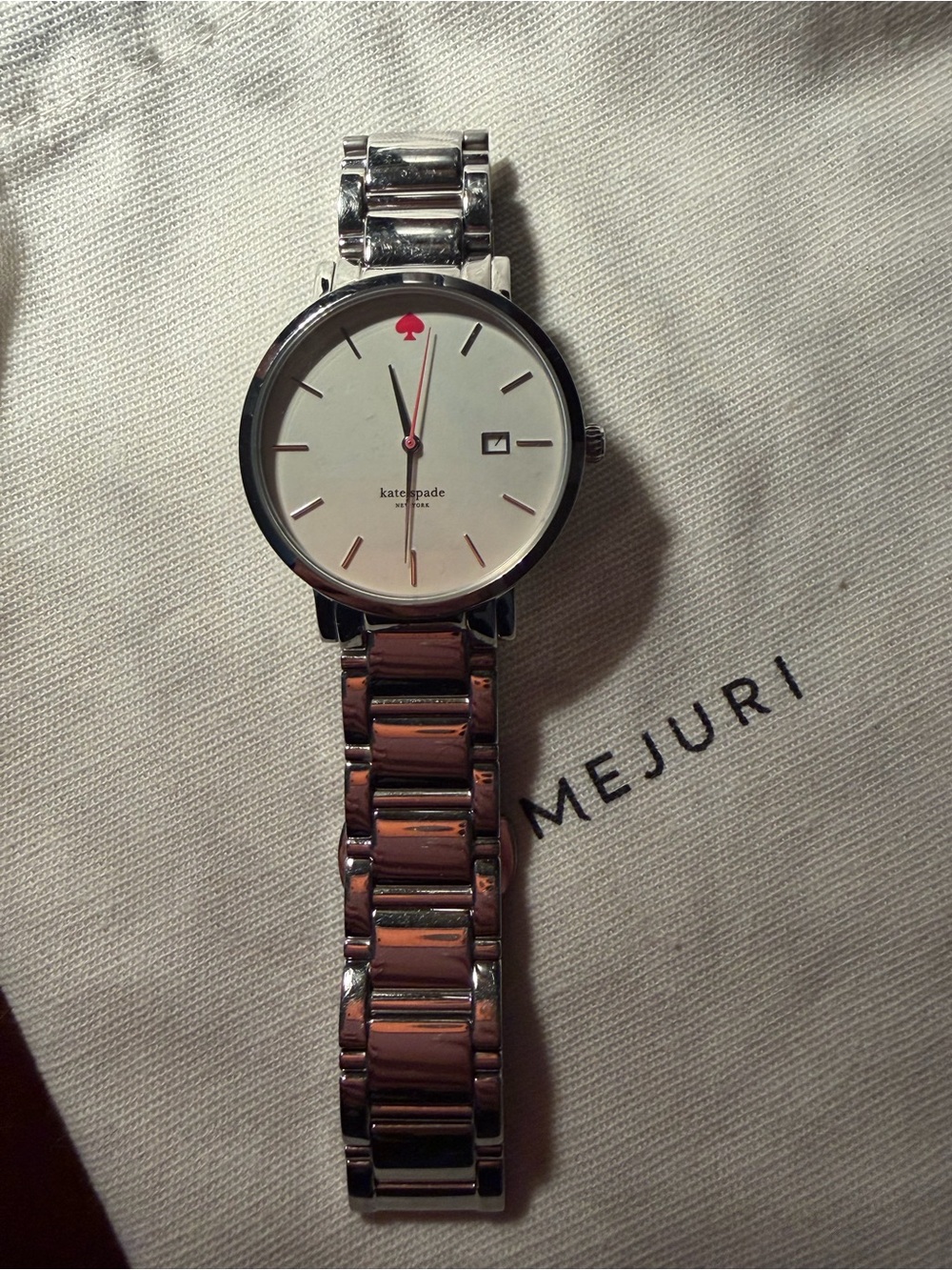 kate spade Silver and White Stainless Steel Bracelet Watch with Red Accent